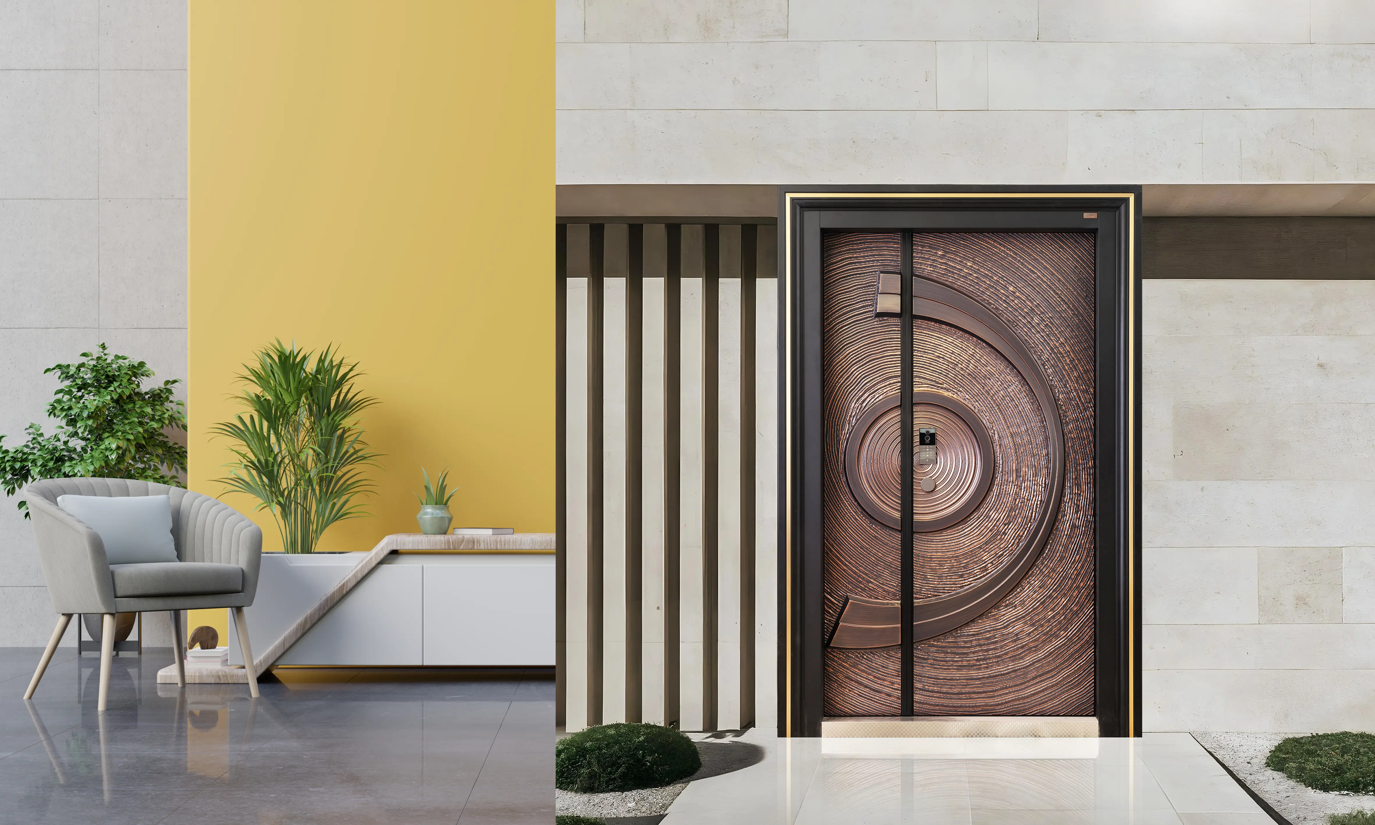 Misty forest with wooden pathway